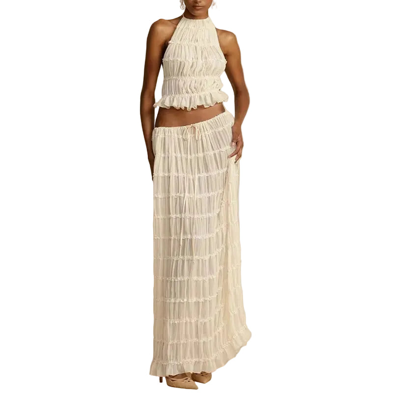 Women Boho Matching 2 Piece Halter Cami Tops + Maxi Long Skirt