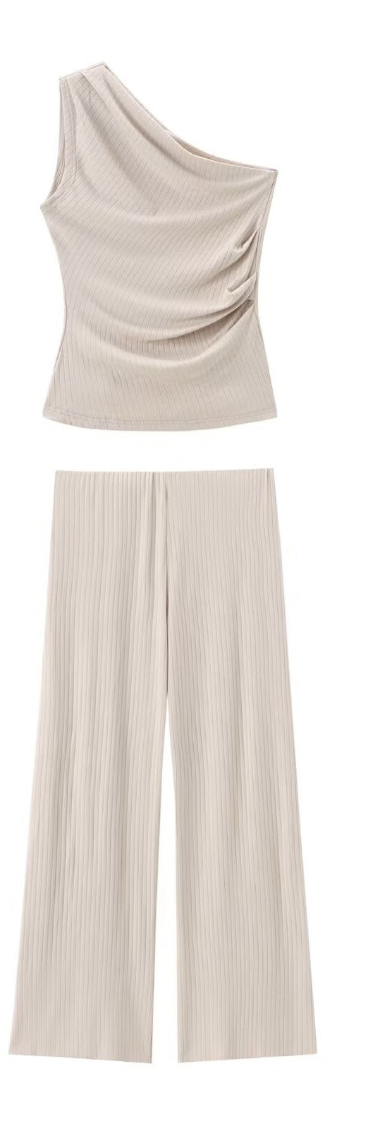 asymmetric collar top solid color wide leg pants