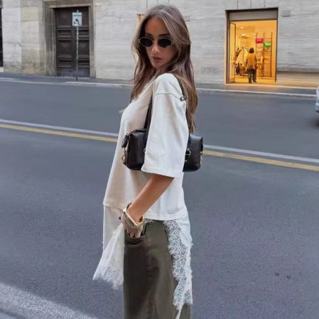 Za Elegant Fashionable Hem Splicing Lace T-Shirt Top
