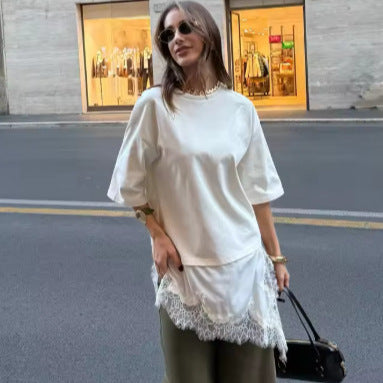 Za Elegant Fashionable Hem Splicing Lace T-Shirt Top