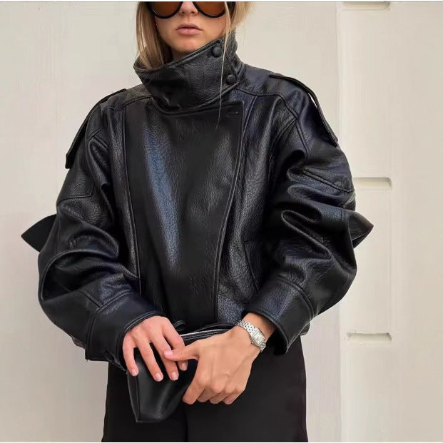 Stand-Up Collar Leather Jacket