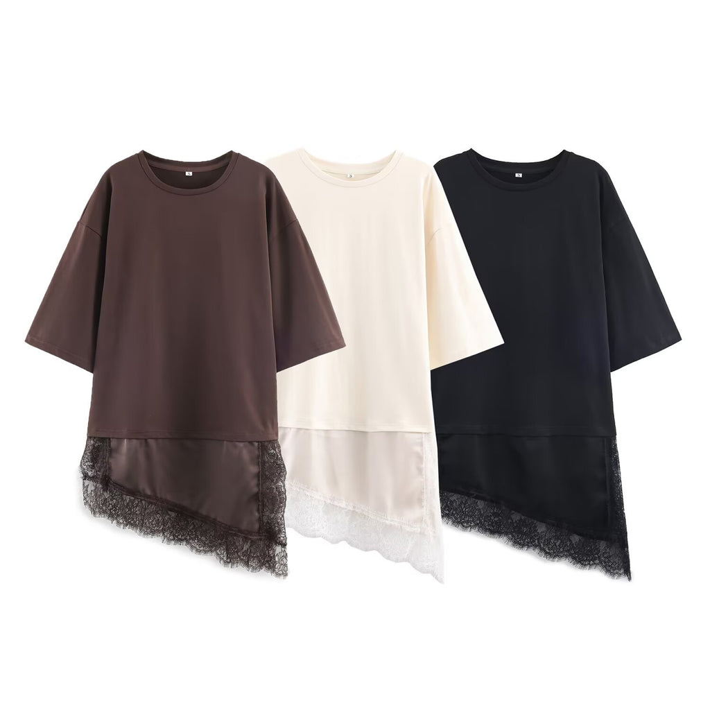 Za Elegant Fashionable Hem Splicing Lace T-Shirt Top