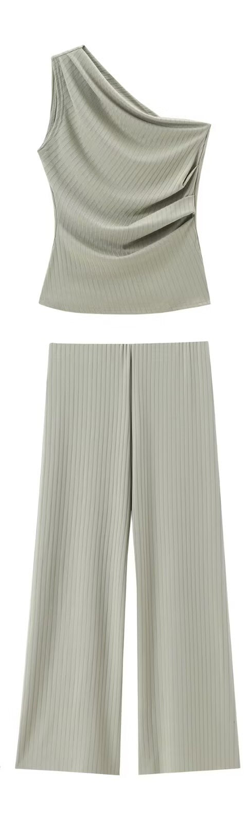 asymmetric collar top solid color wide leg pants