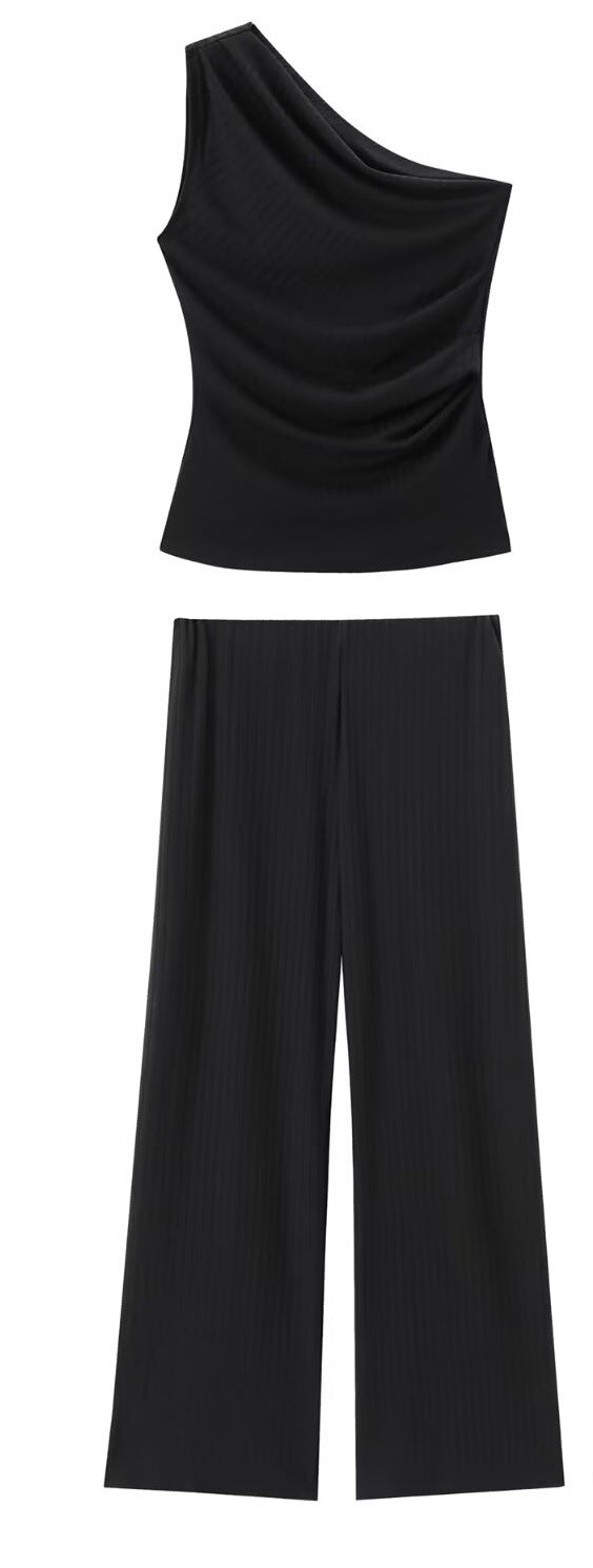 asymmetric collar top solid color wide leg pants