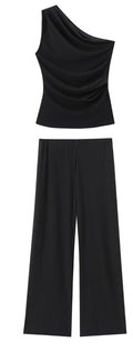 asymmetric collar top solid color wide leg pants