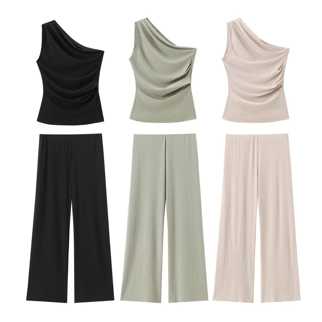 asymmetric collar top solid color wide leg pants