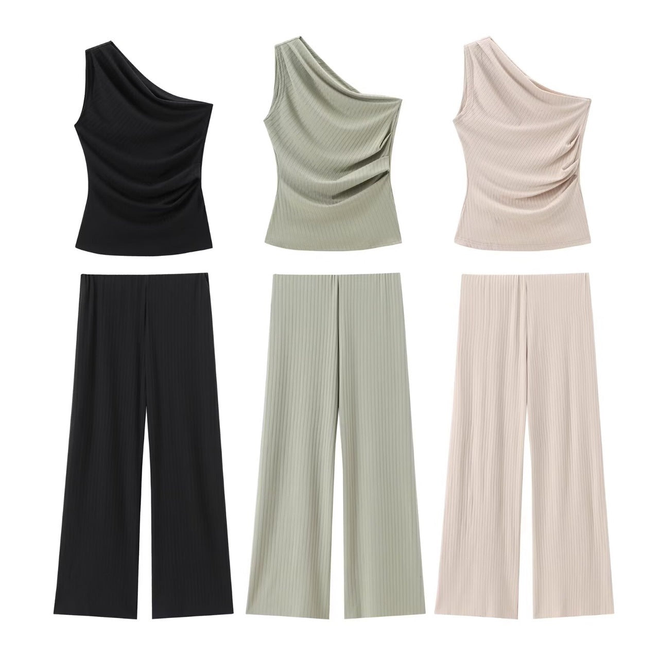 asymmetric collar top solid color wide leg pants