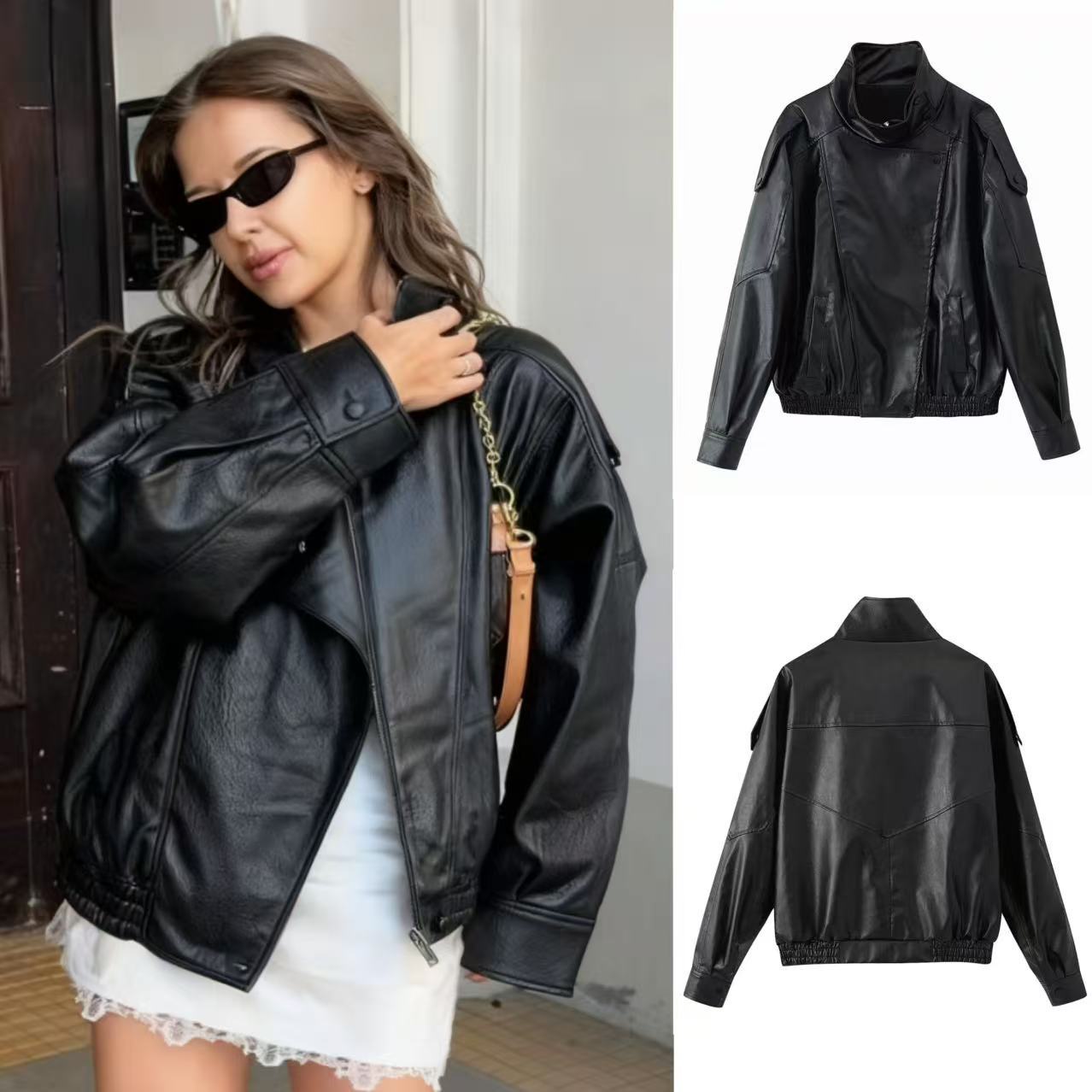 Stand-Up Collar Leather Jacket