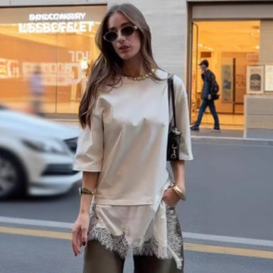 Za Elegant Fashionable Hem Splicing Lace T-Shirt Top
