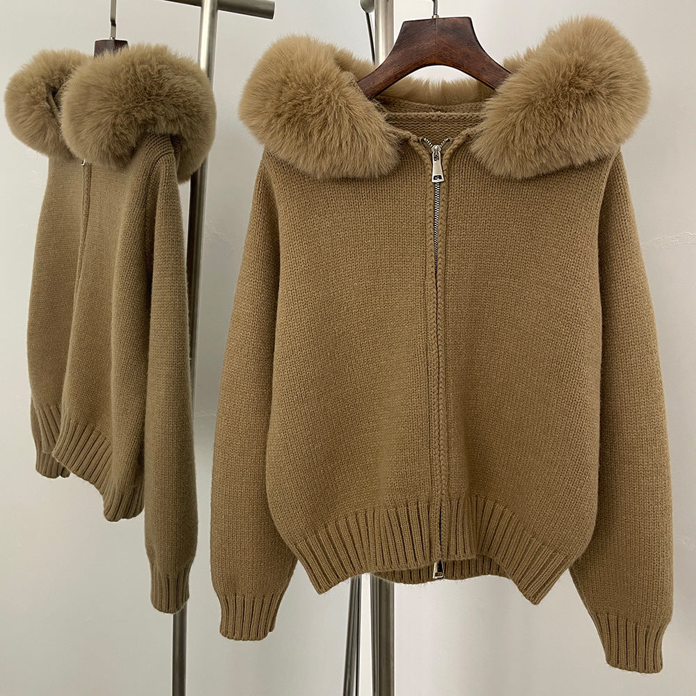 Hooded Zip-Knit Cardigan Jacket